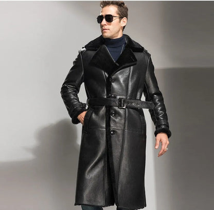 Men's Black Sheepskin Shearling Coat - Long Leather Overcoat - Leather Loom