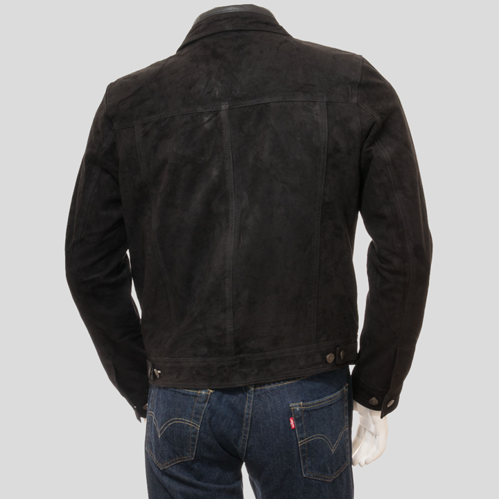 Mens Black Suede Leather Trucker Jacket - Leather Loom