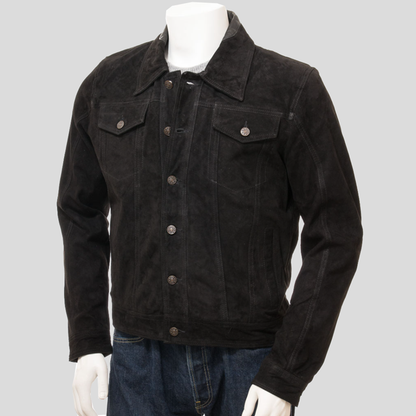 Mens Black Suede Leather Trucker Jacket - Leather Loom