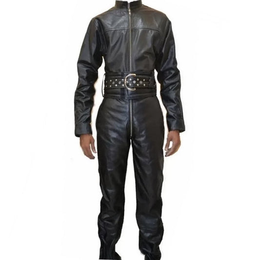 Mens Bold Fashion Real Sheepskin Black Leather Jumpsuit - Leather Loom