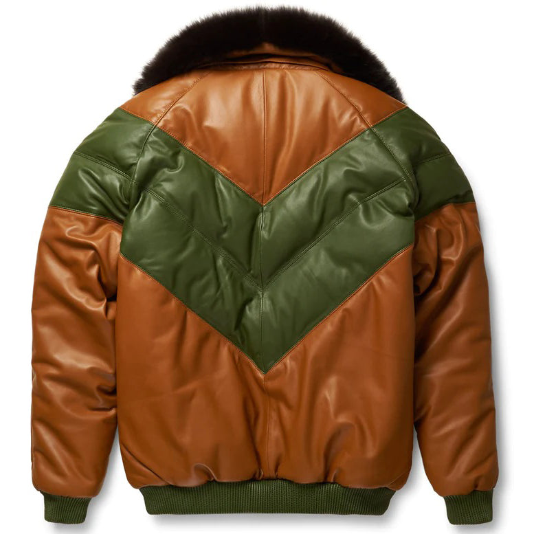 Men's Brown & Green Leather V-Bomber Jacket - Leather Loom