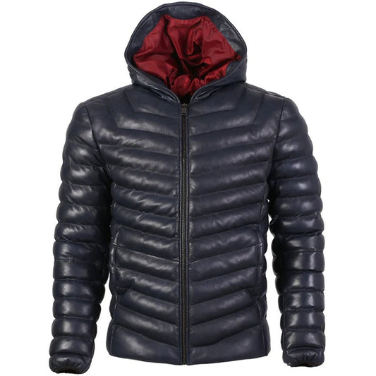 Mens Bubble Puffer Leather Jacket In Blue With Hood - Leather Loom
