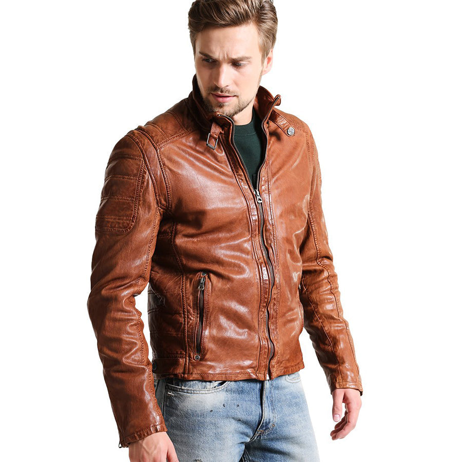 Mens Camel Brown Leather Biker jacket - Leather Loom