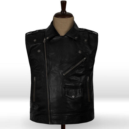 Mens Classic Black Leather Motorcycle Biker Vest - Leather Loom