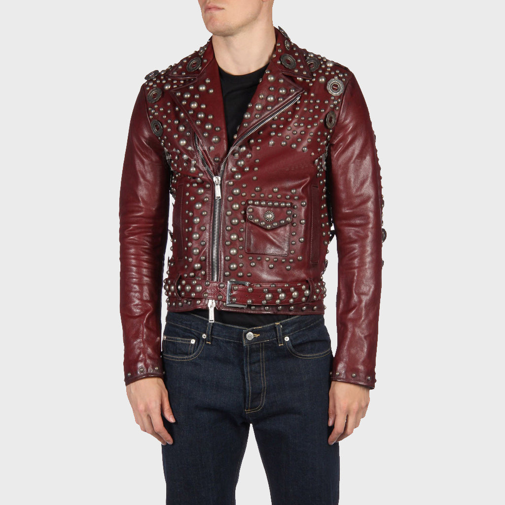 Men's Designer Studded Red Leather Motorcycle Jacket - Leather Loom