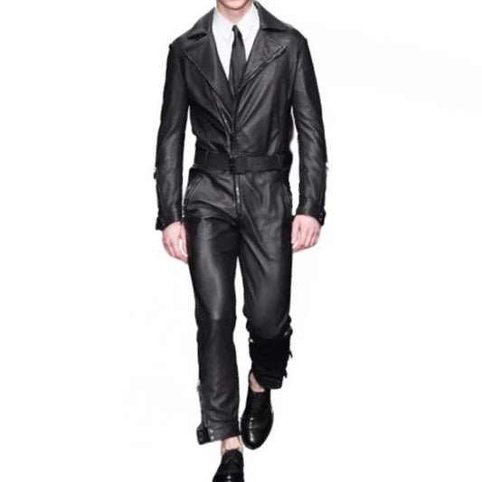 Mens Formal Wear Real Sheepskin Black Leather Jumpsuit - Leather Loom