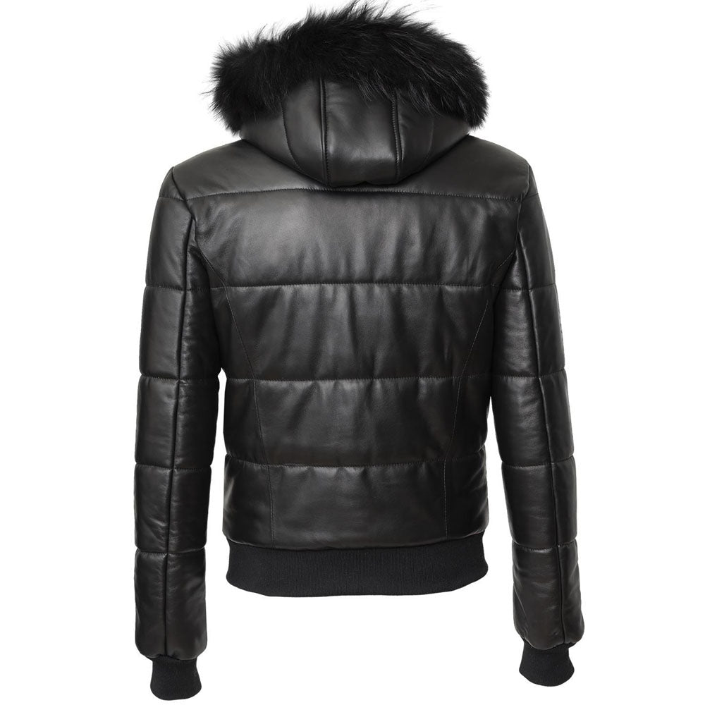 Mens Genuine Leather Winter Puffer Jacket Black With Fur Hood - Leather Loom