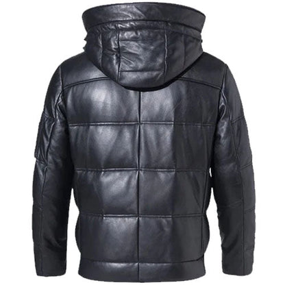 Mens Hooded Leather Puffer Jacket In Black - Leather Loom