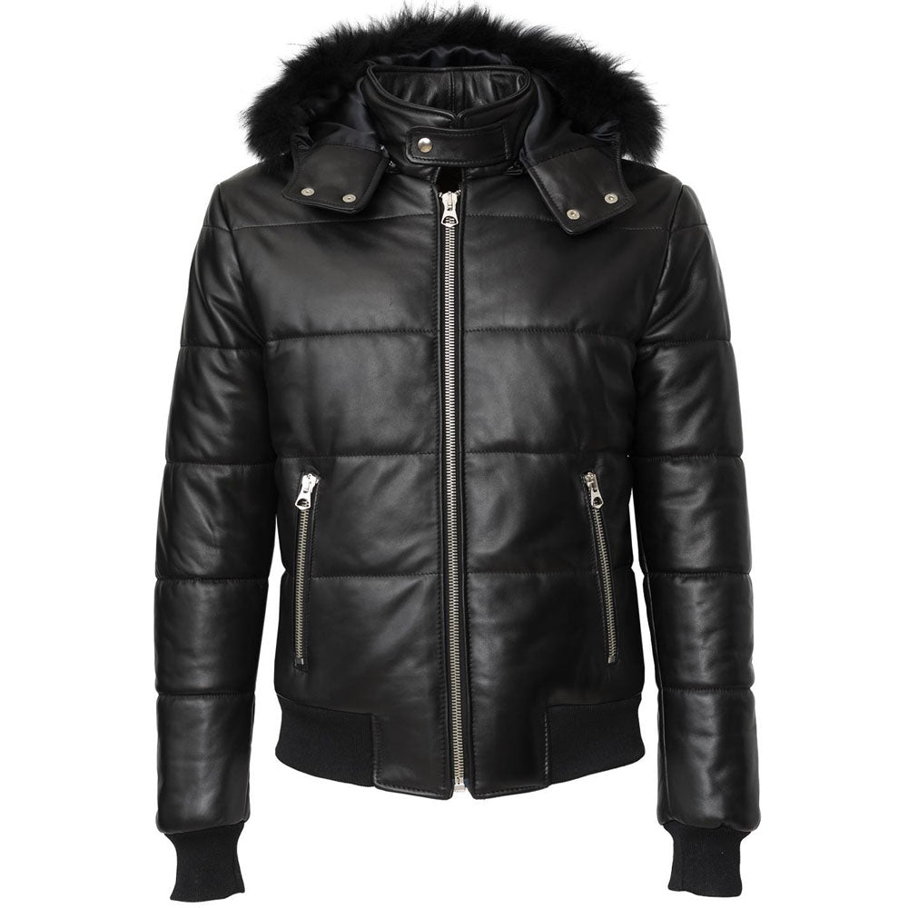 Mens Genuine Leather Winter Puffer Jacket Black With Fur Hood - Leather Loom