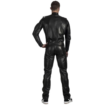 Mens Genuine Pure Black Leather Full Jumpsuit - Leather Loom