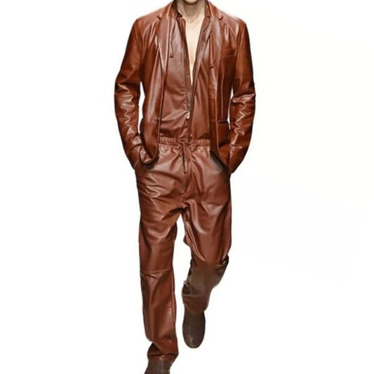Mens Glamorous Real Sheepskin Brown Leather Jumpsuit With Blazer - Leather Loom