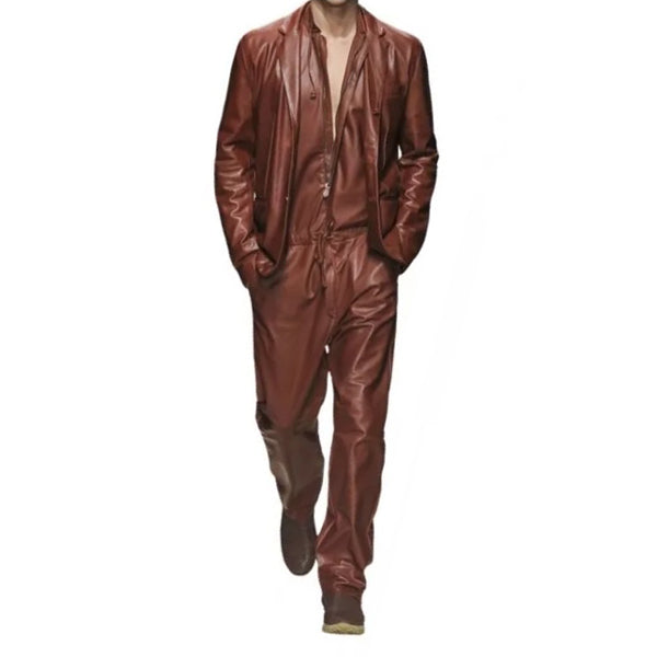 Mens Glamorous Real Sheepskin Brown Leather Jumpsuit With Blazer - Leather Loom