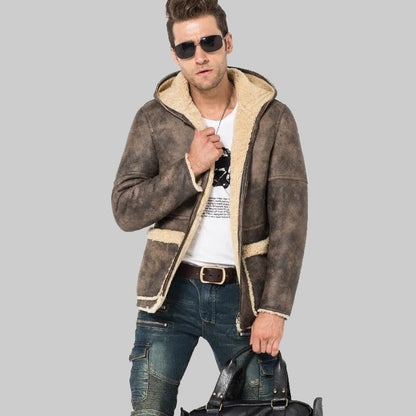 Men's Gray Shearling Hooded Long Fur Coat - Flight Jacket - Leather Loom