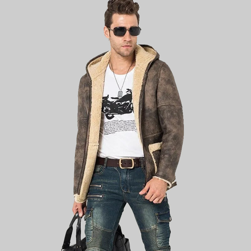 Men's Gray Shearling Hooded Long Fur Coat - Flight Jacket - Leather Loom