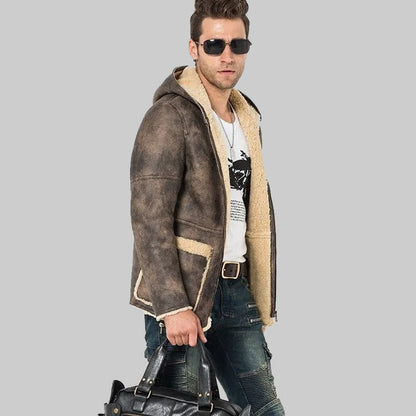 Men's Gray Shearling Hooded Long Fur Coat - Flight Jacket - Leather Loom