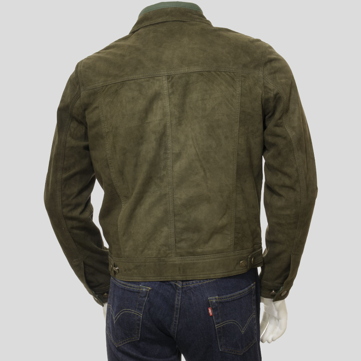 Mens Green Suede Leather Trucker Jacket - Leather Loom