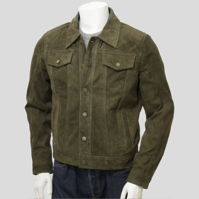 Mens Green Suede Leather Trucker Jacket - Leather Loom