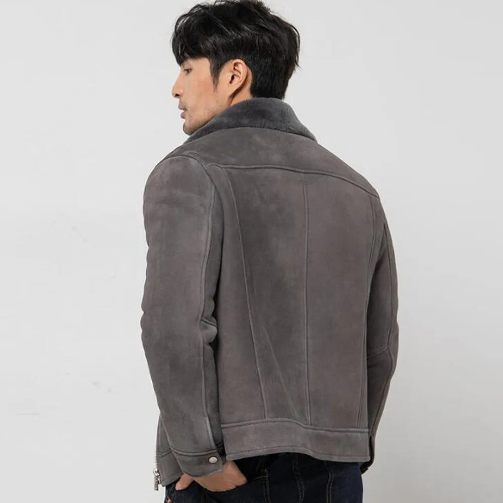 Men's Grey Shearling Jacket - Sheepskin Leather with Fur Lining - Leather Loom