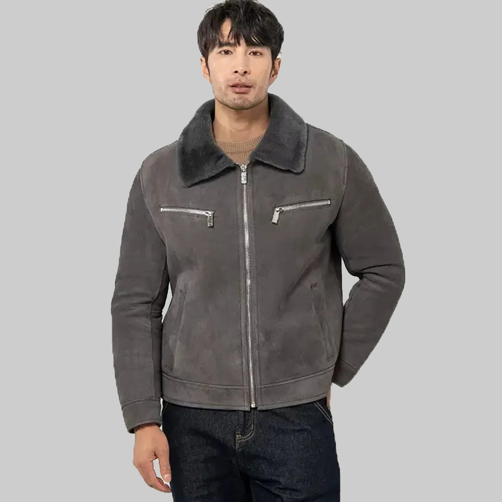 Men's Grey Shearling Jacket - Sheepskin Leather with Fur Lining - Leather Loom