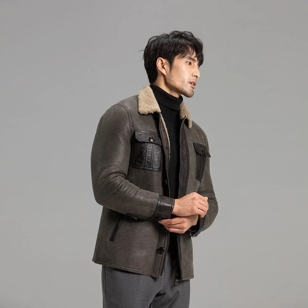 Men's Grey Shearling Jacket - Warm Winter Sheepskin Coat - Leather Loom