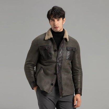 Men's Grey Shearling Jacket - Warm Winter Sheepskin Coat - Leather Loom