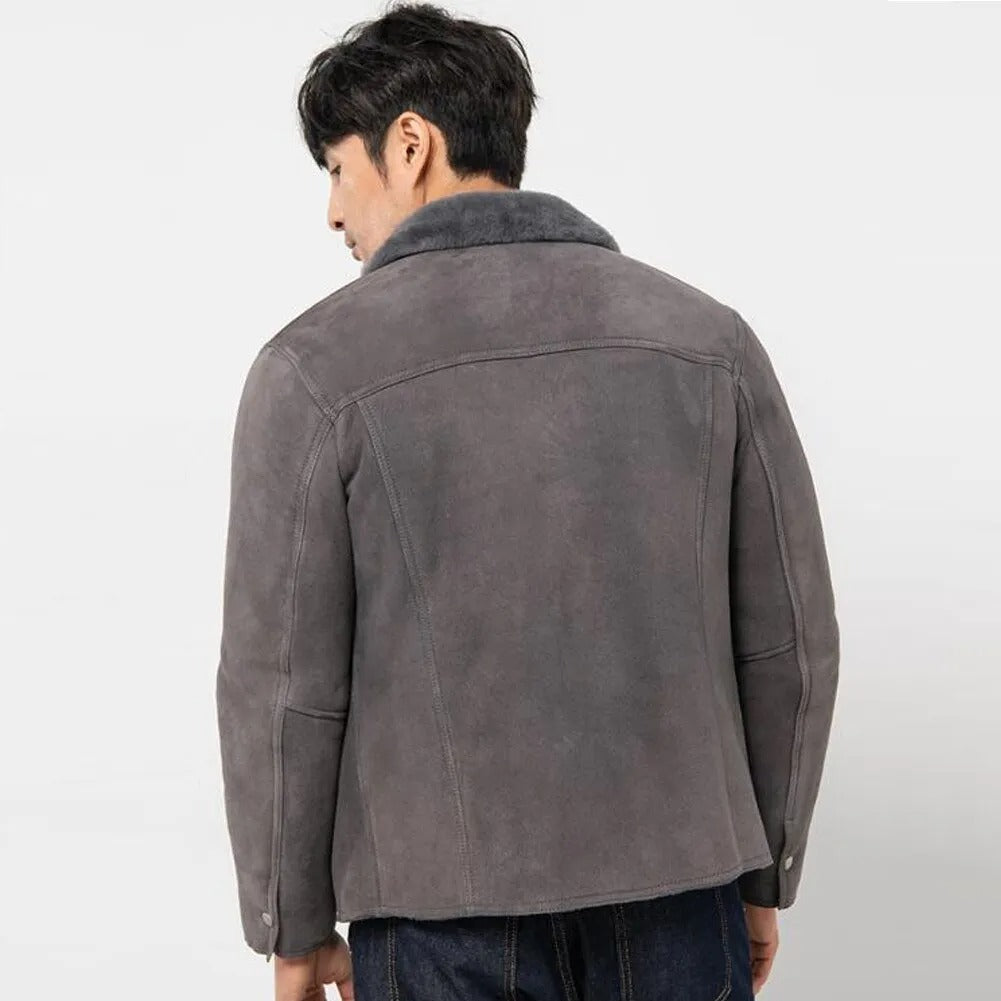 Men's Grey Shearling Lapel Collar Sheepskin Coat - Suede Leather Jacket - Leather Loom