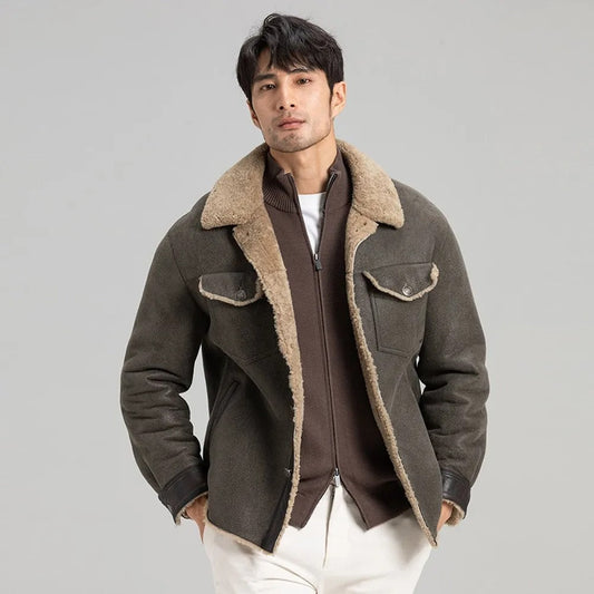 Men's Grey Shearling Jacket - Trucker Style - Leather Loom