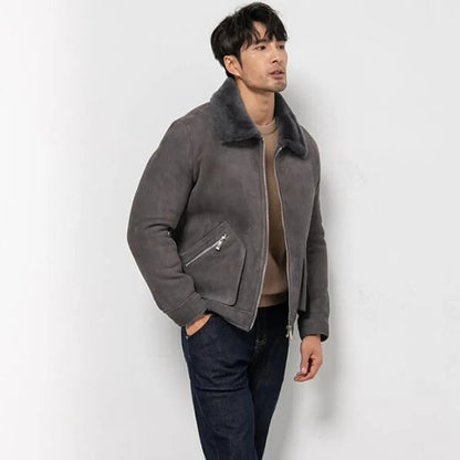 Men's Grey Suede Shearling Jacket - Sheepskin Leather Coat - Leather Loom