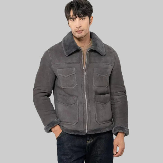 Men's Grey Suede Shearling Jacket - Winter Thick Jacket - Leather Loom