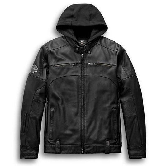 Men's Harley Davidson Biker Leather Jacket with Hood - Leather Loom