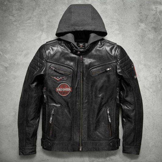 Men's Harley Davidson Distressed Slim Fit Motorcycle Biker Leather Jacket in Black - Leather Loom