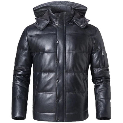 Mens Hooded Leather Puffer Jacket In Black - Leather Loom