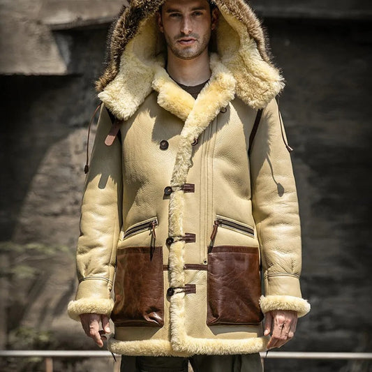 Men's Ivory Yellow Leather Shearling Jacket - Hooded Sheepskin Coat - Leather Loom