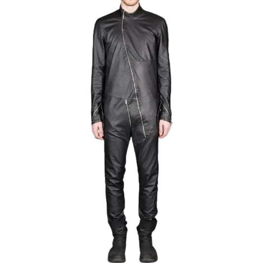 Mens New Cross Flight Black Leather Jumpsuit with Zip Details - Leather Loom