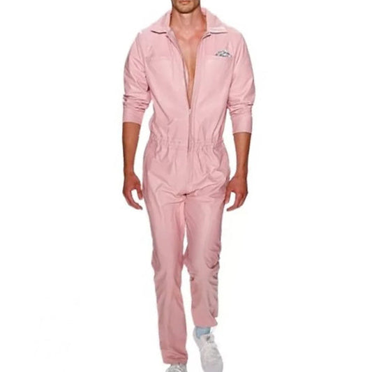 Mens New Fashion Real Sheepskin Baby Pink Leather Jumpsuit - Leather Loom