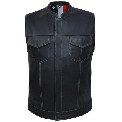 Men's Leather Motorcycle Club Vest with USA Flag Liner - Leather Loom