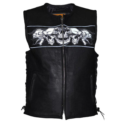 Mens Premium Leather Vest with Night Reflective Skulls - Leather Loom