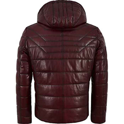 Mens Quilted Leather Puffer Jacket With Hood - Leather Loom