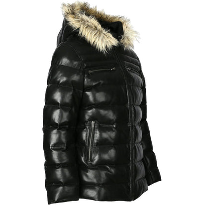 Mens Puffer Leather Jacket In Black With Fur Hoodie - Leather Loom