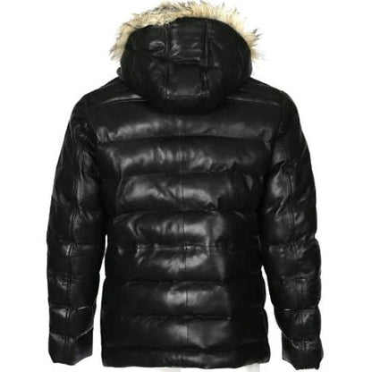 Mens Puffer Leather Jacket In Black With Fur Hoodie - Leather Loom