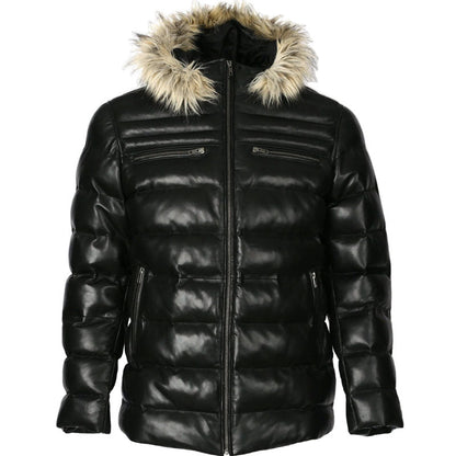 Mens Puffer Leather Jacket In Black With Fur Hoodie - Leather Loom