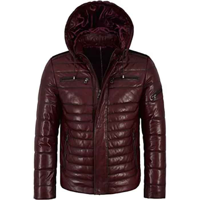 Mens Quilted Leather Puffer Jacket With Hood - Leather Loom
