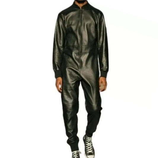 Mens Ribbed Collar Real Sheepskin Black Leather Jumpsuit - Leather Loom