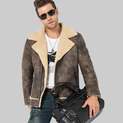 Men's Shearling Motorcycle Flight Jacket - Sheepskin Coat - Leather Loom