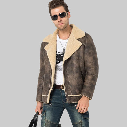 Men's Shearling Motorcycle Flight Jacket - Sheepskin Coat - Leather Loom