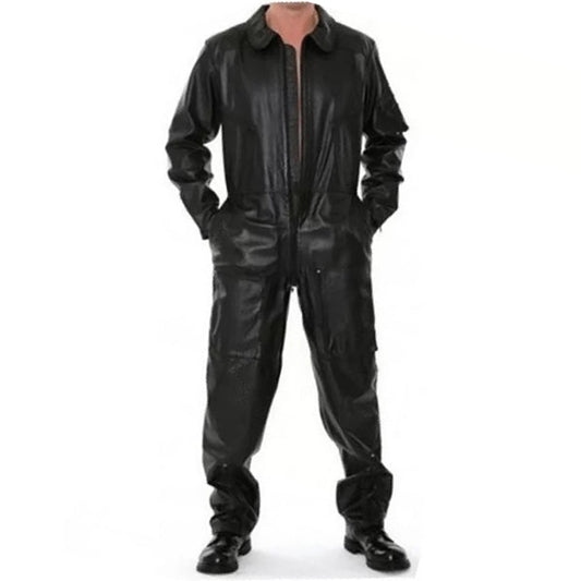 Mens Smart Look Real Sheepskin black Leather Jumpsuit - Leather Loom