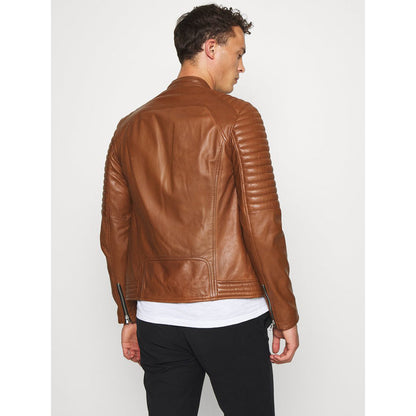 Mens Tan Brown Leather Biker Jacket - Leather Loom