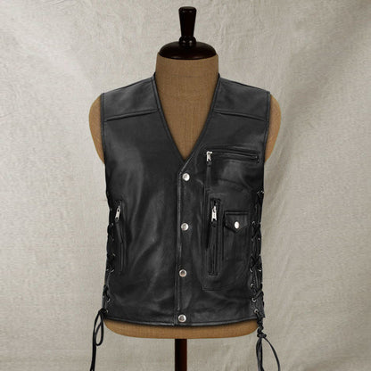 Mens Traditional Biker Black Leather Vest - Leather Loom