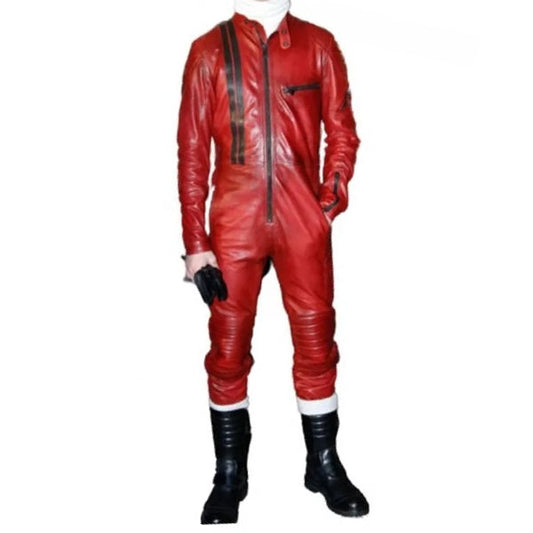 Mens Trendsetting Racing Real Sheepskin Red Leather Jumpsuit - Leather Loom