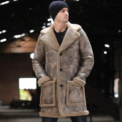 Men's Waxed Shearling Jacket - Leather Fur Long Coat - Leather Loom